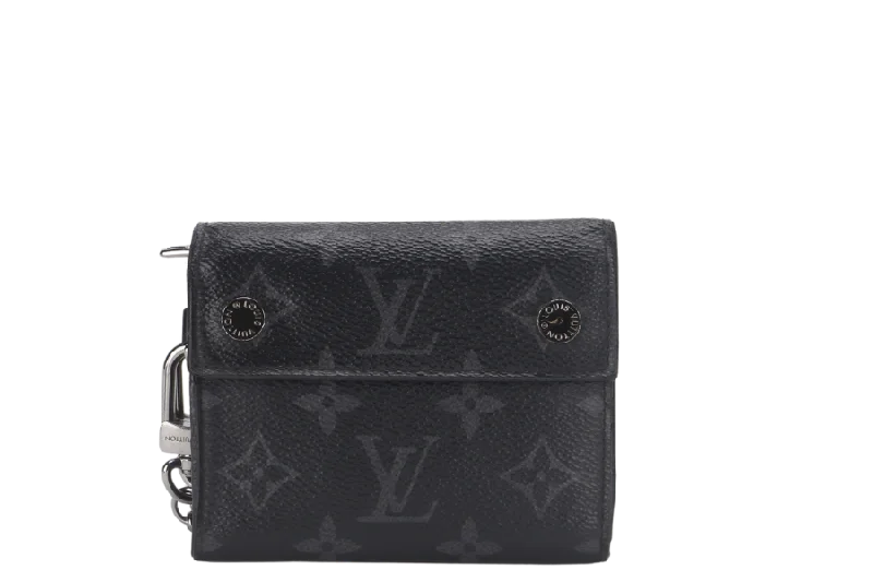 Ladies Louis Vuitton Capucines bags with a detachable shoulder strapLOUIS VUITTON RIVET CHAIN COMPACT WALLET MONOGRAM ECLIPSE SILVER HARDWARE WITH DUST COVER AND BOX