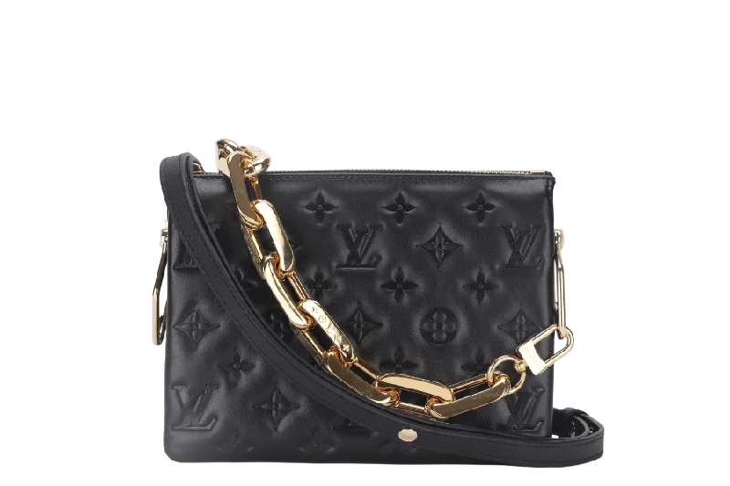 Louis Vuitton bags with a chain - link trim and a leather body for a modern edgeLOUIS VUITTON COUSSIN BB NOIR MONOGRAM EMBOSSED PUFFY LAMBSKIN (M21259) GOLD HARDWARE WITH CHAIN, STRAP, DUST COVER AND BOX