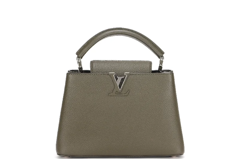 LOUIS VUITTON M57227 CAPUCINES BB, KHAKI COLOR TAURILLON LEATHER SILVER HARDWARE, WITH STRAP & DUST COVER