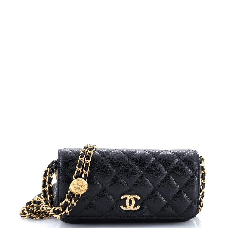 Twist Your Buttons Flap Clutch with Chain Quilted Caviar