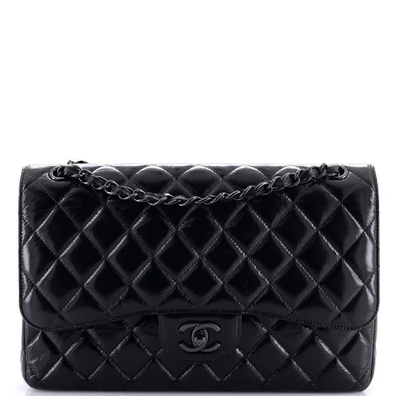 So Black Classic Double Flap Bag Quilted Shiny Crumpled Calfskin Jumbo