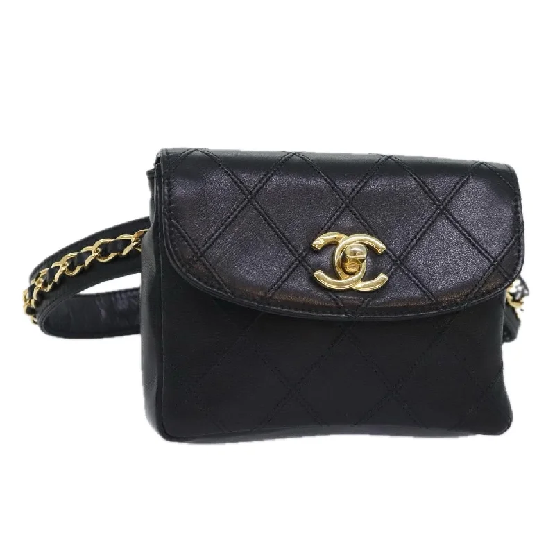 CHANEL Bicolore Chain Waist bag Leather Black Gold CC  90785A