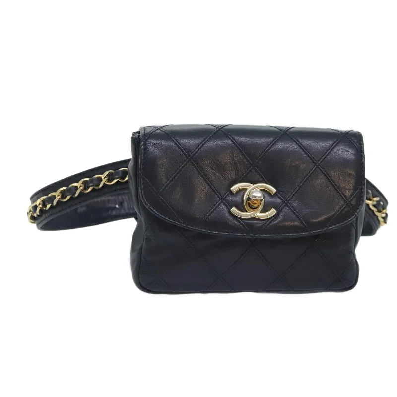 CHANEL Bicolore Chain Waist bag Leather Black Gold CC  yk15152