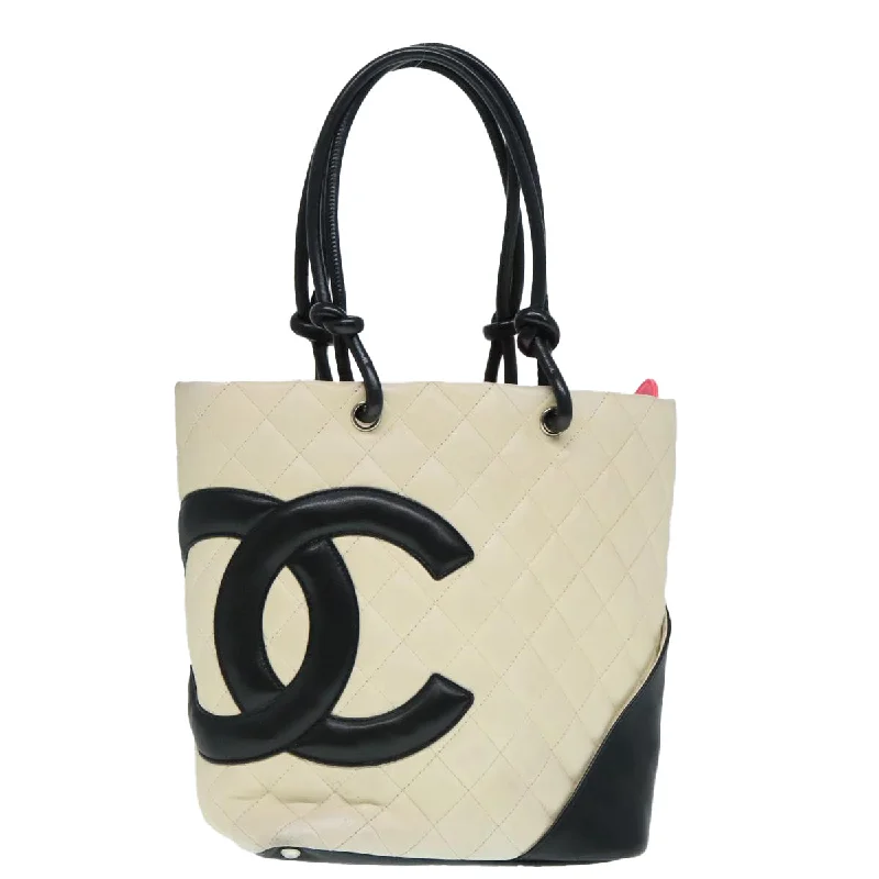 CHANEL Cambon Line Hand Bag Leather White Silver black CC  bs17836