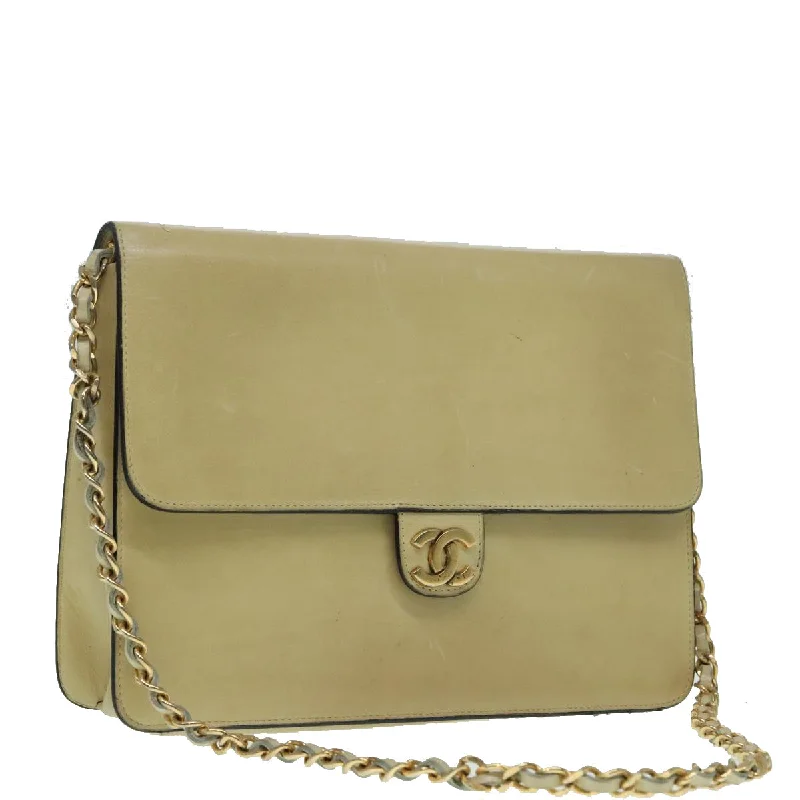 CHANEL Chain Shoulder Bag Leather Beige CC  bs18322