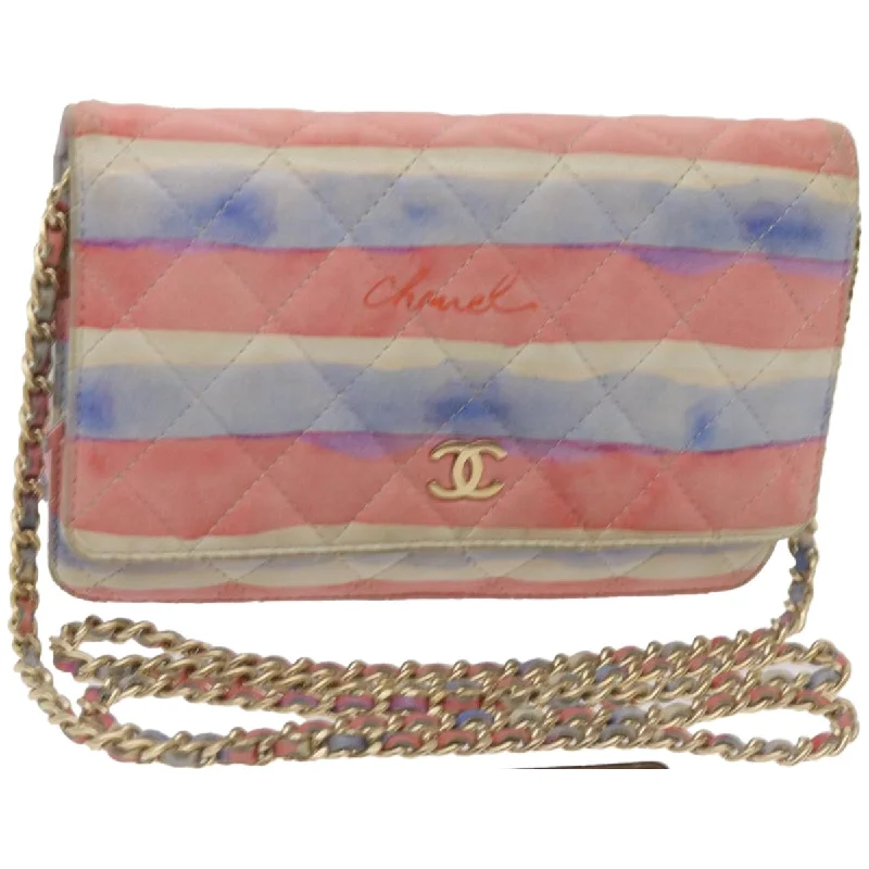 CHANEL Chain Shoulder Bag Leather Blue Red CC  67372A