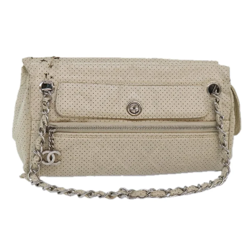 CHANEL Chain Shoulder Bag Punching leather White Silver CC  91310