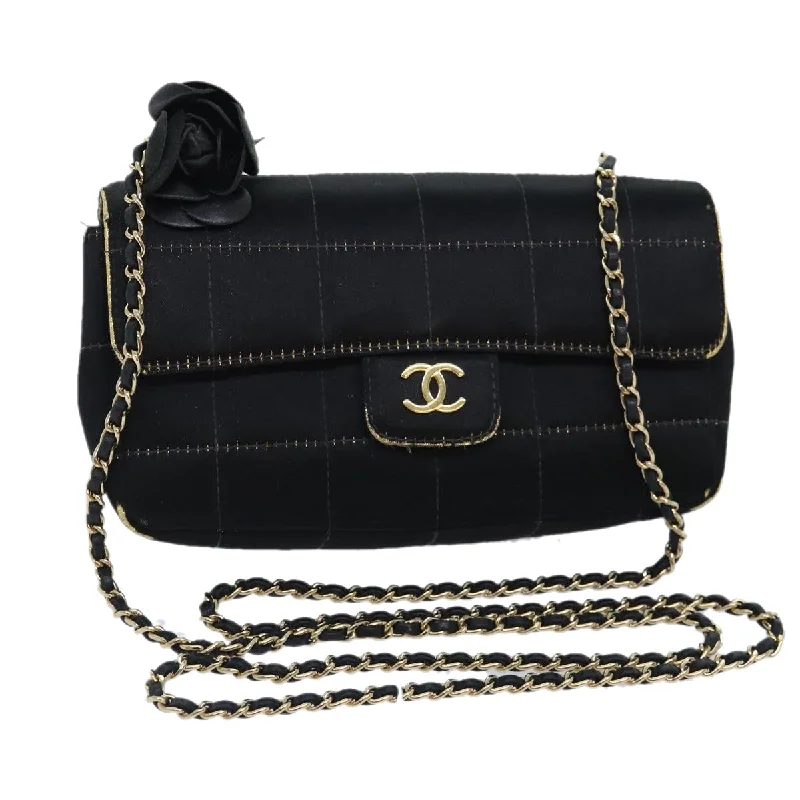 CHANEL Choco Bar Chain Shoulder Bag Satin Black CC  bs18254