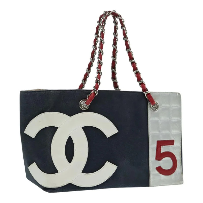 CHANEL Choco Bar Chain Tote Bag Canvas Navy Silver CC  bs18482