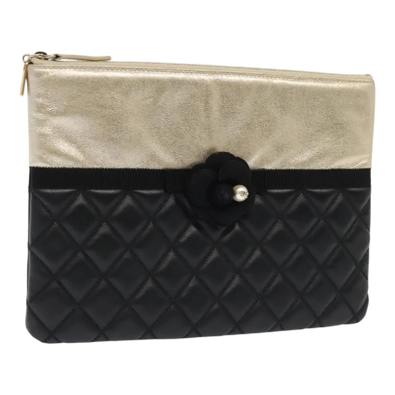 CHANEL Clutch Bag Leather Black Gold CC  93804A