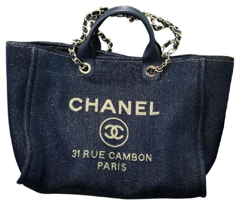 Chanel Deauville Fabric Tote Navy Blue Gold