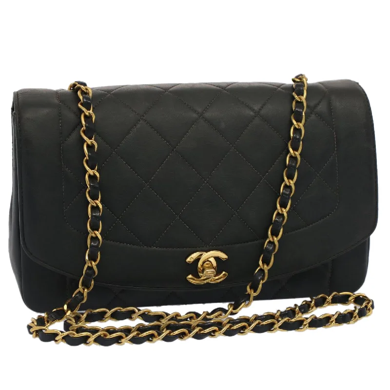 CHANEL Diana Matelasse Turn Lock Shoulder Bag Lamb Skin Black CC  51272A