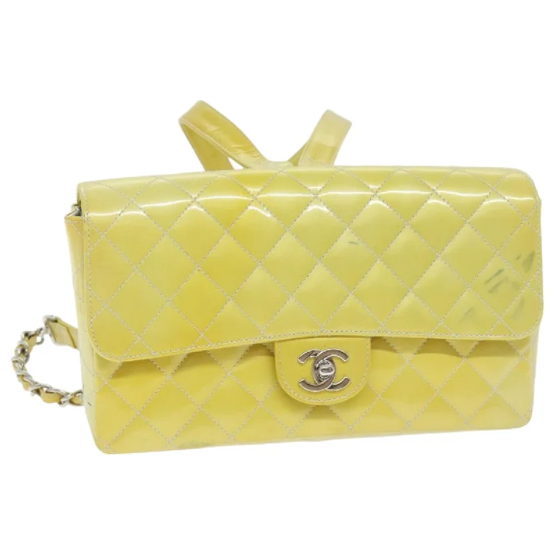 CHANEL Matelasse Backpack Patent leather Yellow Silver CC  89374