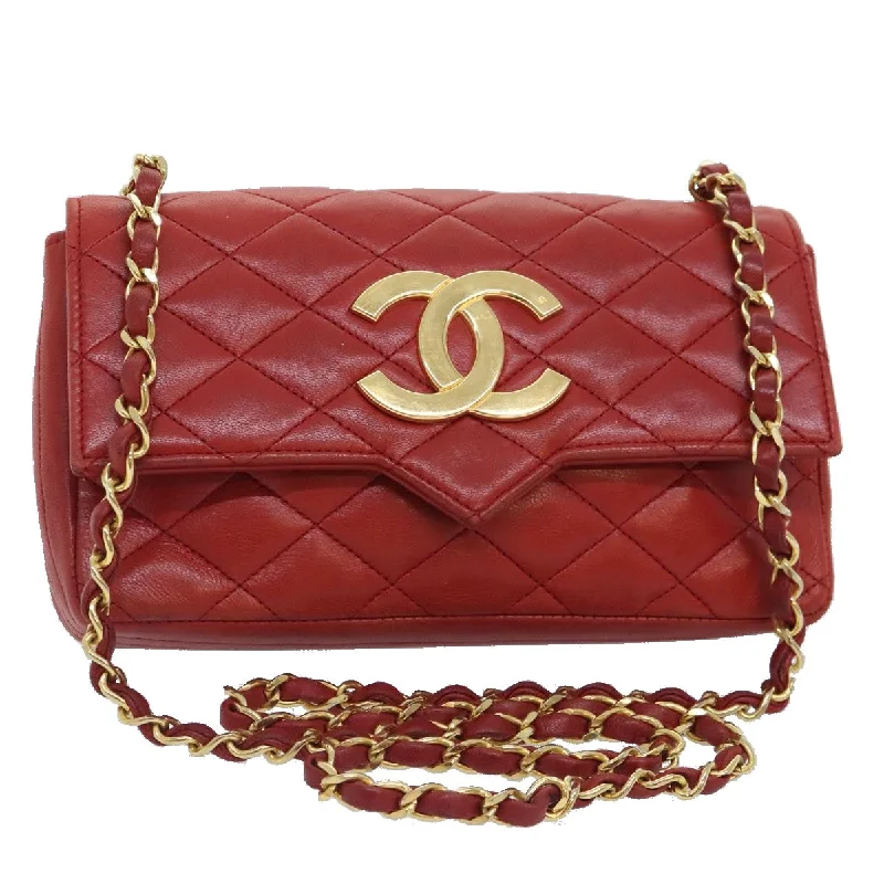 CHANEL Matelasse Big COCO Mark Chain Bag Lamb Skin Red Gold CC  yk15196