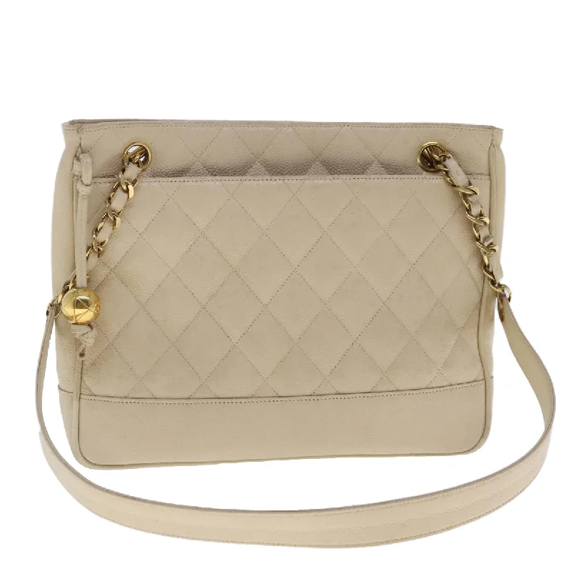 CHANEL Matelasse Chain Shoulder Bag Caviar Skin Beige CC  bs18887