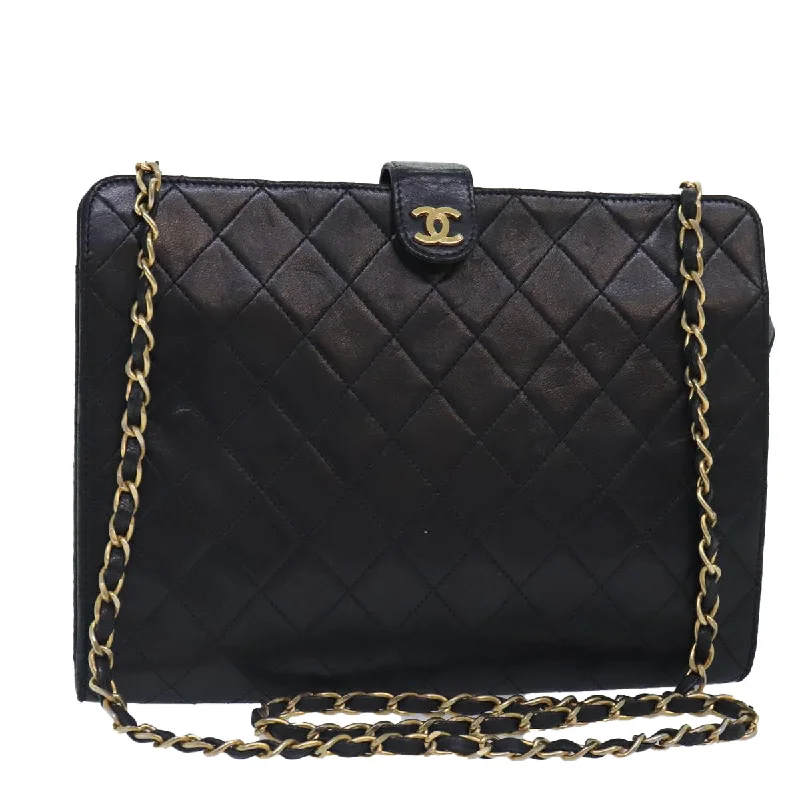 CHANEL Matelasse Chain Shoulder Bag Lamb Skin Black Gold CC  bs18351