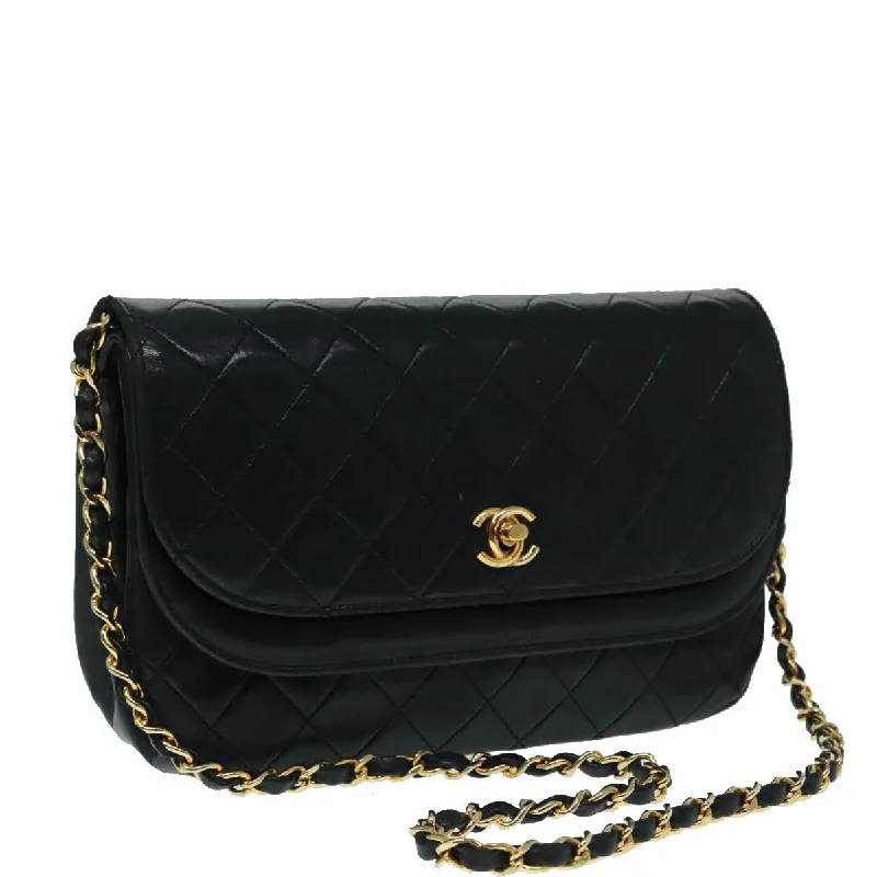 CHANEL Matelasse Chain Shoulder Bag Lamb Skin Gold Black CC  bs18449