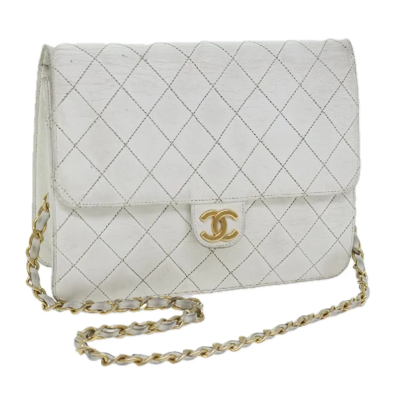 CHANEL Matelasse Chain Shoulder Bag Lamb Skin White Gold CC  bs18414