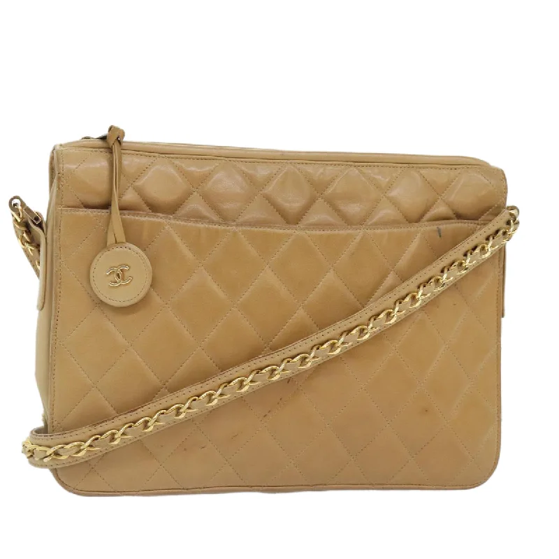 CHANEL Matelasse Chain Shoulder Bag Leather Beige CC  bs18062