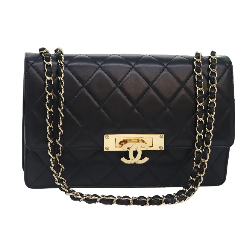 CHANEL Matelasse  COCO Mark Chain Bag Lamb Skin Black Gold CC  yk15214A