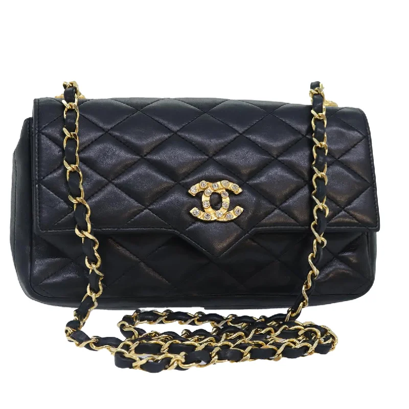 CHANEL Matelasse COCO Mark Chain Stone Bag Lamb Skin Black CC  yk15007A