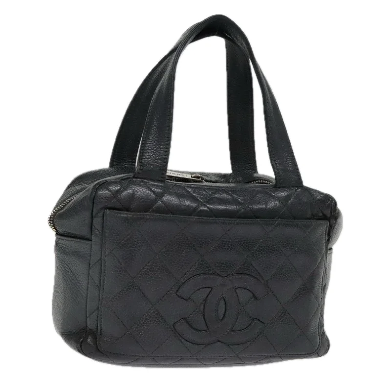 CHANEL Matelasse Hand Bag Caviar Skin Black Silver CC  bs18836