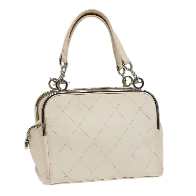 CHANEL Matelasse Hand Bag Leather White Silver CC  bs18457