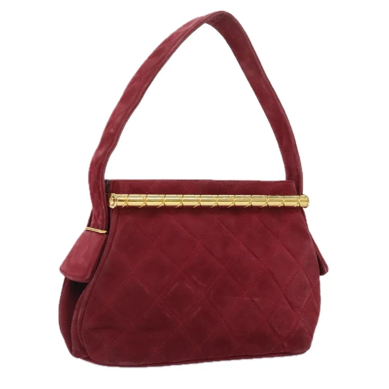 CHANEL Matelasse Hand Bag Suede Red Gold CC  88279