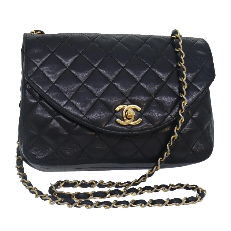 CHANEL Matelasse Turn Lock Chain Bag Lamb Skin Black Gold CC  yk14979