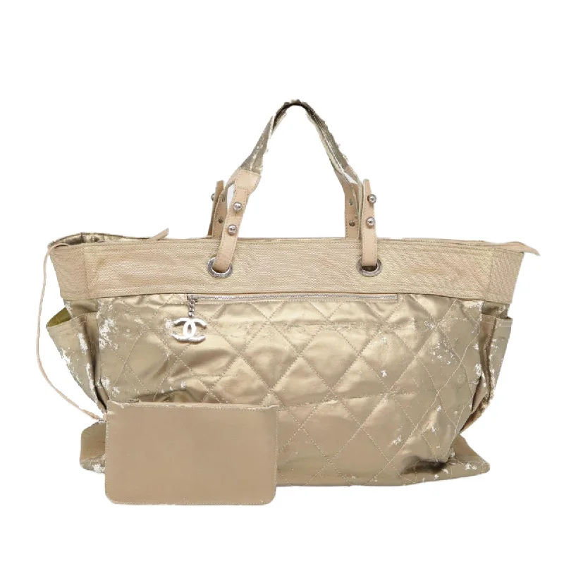 CHANEL Paris Biarritz Hand Bag Coated Canvas Gold Silver CC  bs17532