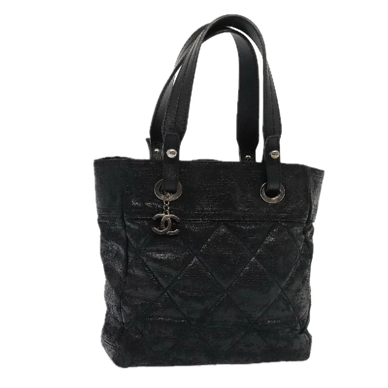 CHANEL Paris Biarritz MM Tote Bag Coated Canvas Black Silver CC  bs17785