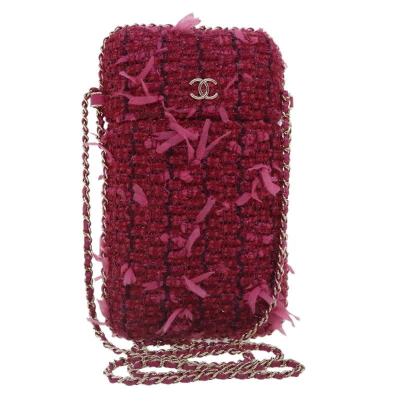 CHANEL Smartphone Case Chain Shoulder Bag Tweed Gold Pink CC  bs18176