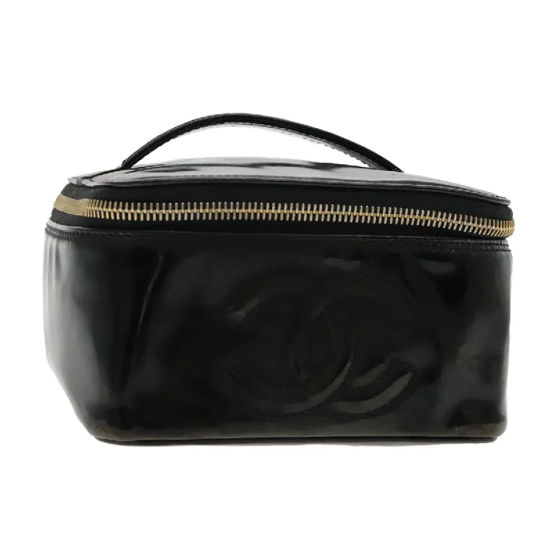 CHANEL Vanity Cosmetic Pouch Patent leather Black Gold CC  bs18658